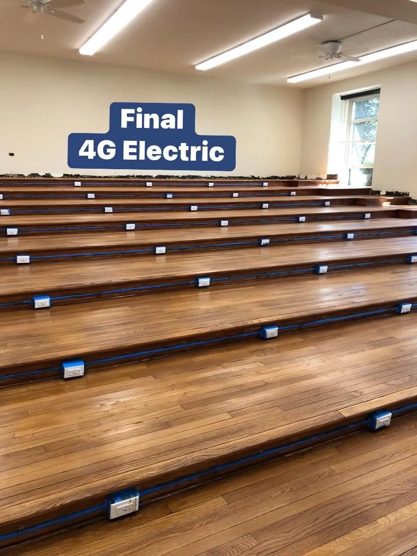 Finished hall with new floor outlets wired along every tier