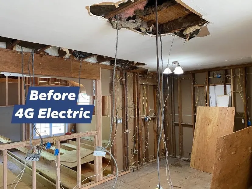 Room opened up to the studs for a full rewire during a renovation